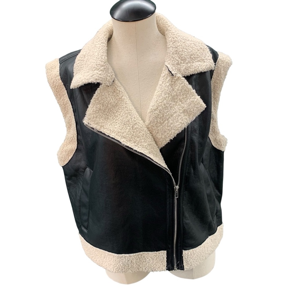 ACTIVE USA Faux Shearling Leather-Trim Vest – Women’s‎ Large – Black & Cream NWT - Picture 2 of 7